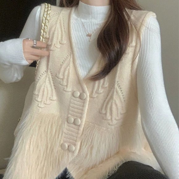 Boho Button Front Fluffy Knit Sweater Vest - Picture 1 of 4
